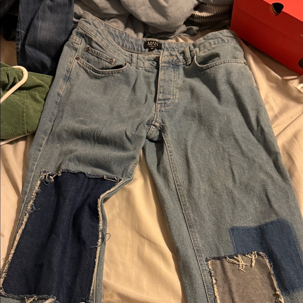 Men's Relaxed Fit Patchwork Jeans - Light Blue